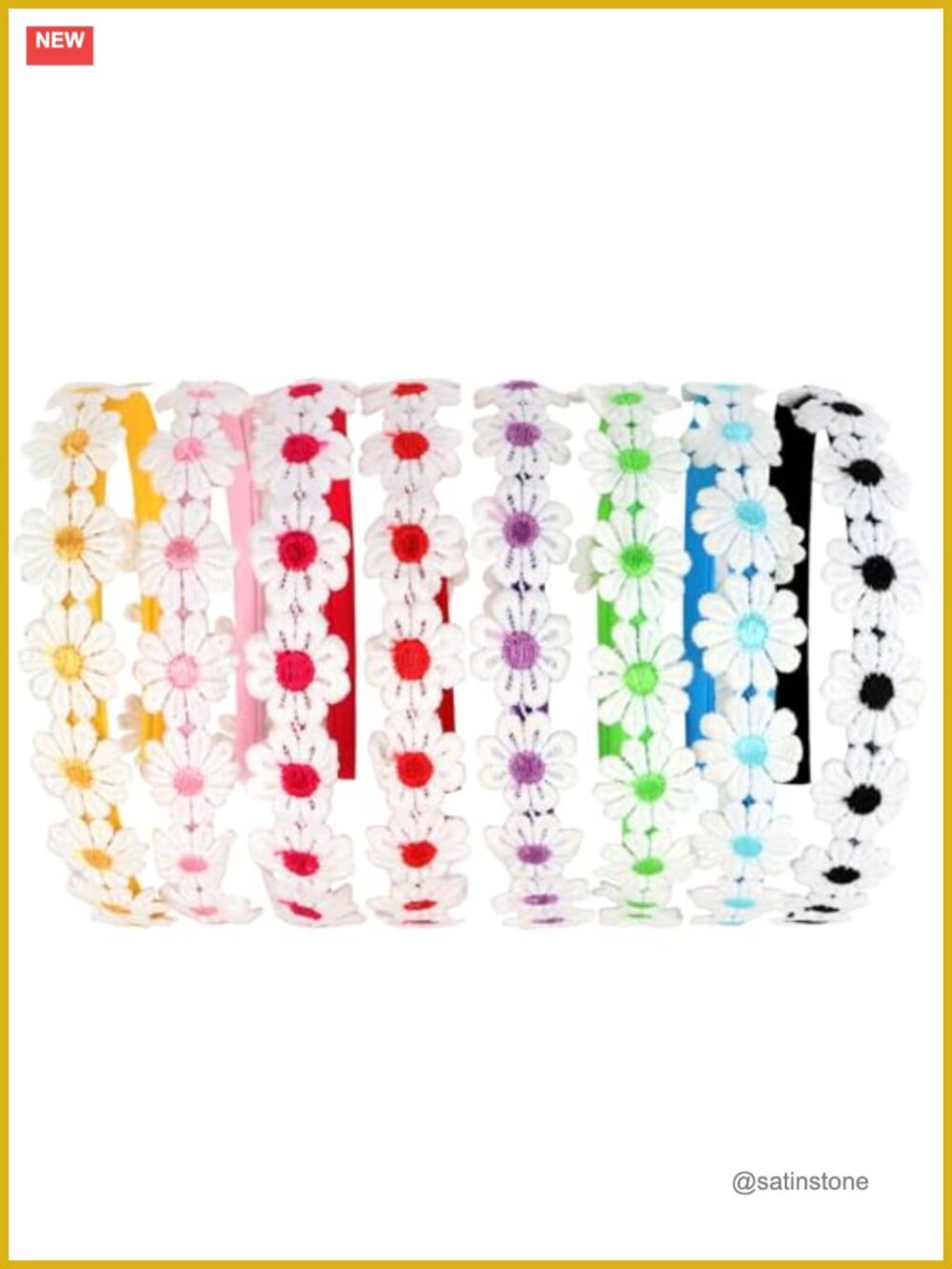 8pc Daisy Embroidered Non Slip Headbands for Girls and Women